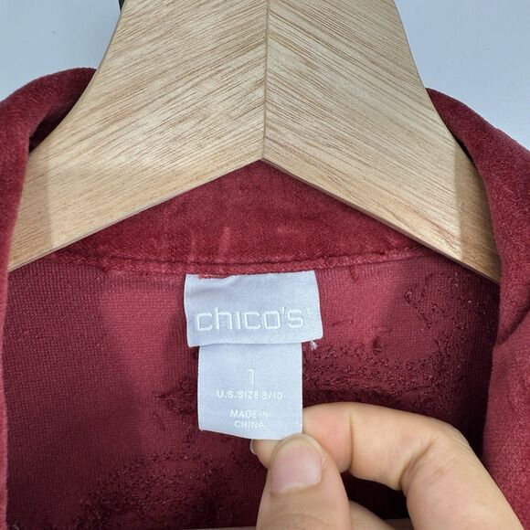 Chicos Red Velvet Jean Jacket Womens Size 1 (8/10) Embroidered Holiday Boho - Picture 2 of 8